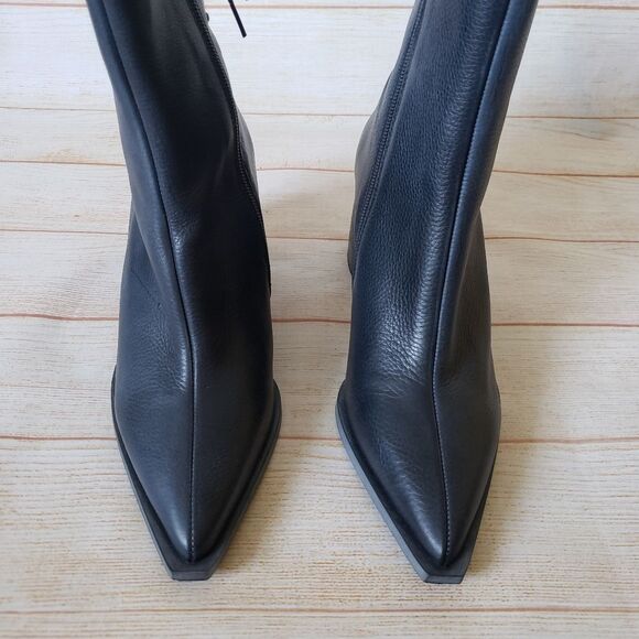 Free People Livia Leather Laceback Side Zip Pointy Toe Blue Block Heel Size 38 - Picture 11 of 16